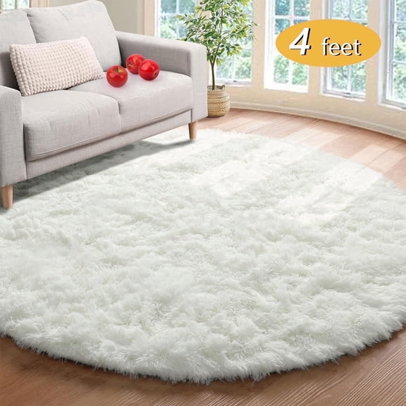 Tripumer Fluffy Round Rug 4 feet Circle Shag Area Rug Circular Rugs Fuzzy Rug Shaggy Bedroom Carpet For Room Bedroom Living Room White