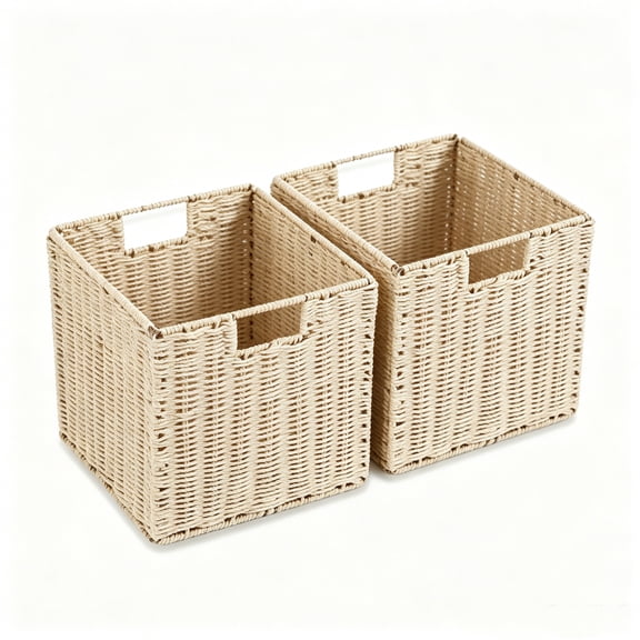 Tripumer Foldable Cube Storage Bin 2pcs, 9inch Woven Rope Organizer with Dual Handles, Suitable for Wardrobe, Bedroom Shelves, and Laundry Room Storage Baskets-Beige