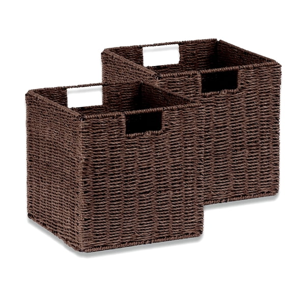 Tripumer Foldable Cube Storage Bin 2pcs, 9inch Woven Rope Organizer with Dual Handles, Suitable for Wardrobe, Bedroom Shelves, and Laundry Room Storage Baskets-Brown