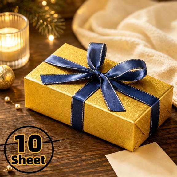Tripumer Gold Wrapping Paper with 16.4ft Ribbon, Shimmer Metallic Gift Wrap, Perfect for Christmas, Holidays, Birthdays, Weddings, and Party Decorations - 10PCS, 19.7 x 27.6 inches