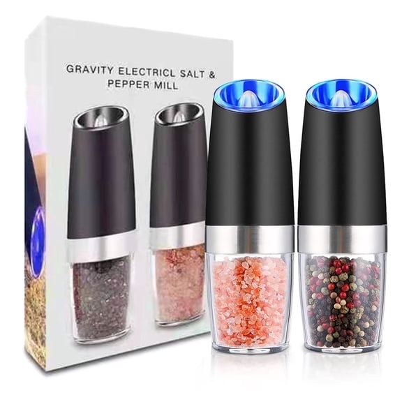 Tripumer Gravity Electric Pepper and Salt Grinder Set, Adjustable Coarseness, Battery Powered with LED Light, One Hand Automatic Operation 2PACK (Black)