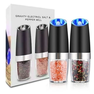 Gravity Electric Pepper and Salt Grinder Set, Adjustable Coarseness,  Battery Powered with LED Light, One Hand Automatic Operation, Snow White, 2  Pack
