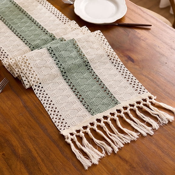 Hengbo Boho Table Runner 72 Inches Linen Textured Woven Tassel Design for Dining Table Decor