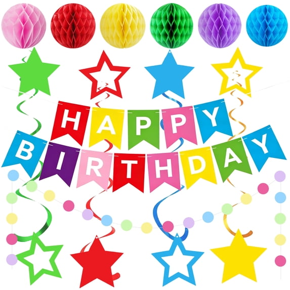Tripumer Happy Birthday Banner Set, Colorful Party Decor with Honeycomb Balls, Star Streamers & Dot Garland, All-in-One Supplies for Indoor Outdoor Use