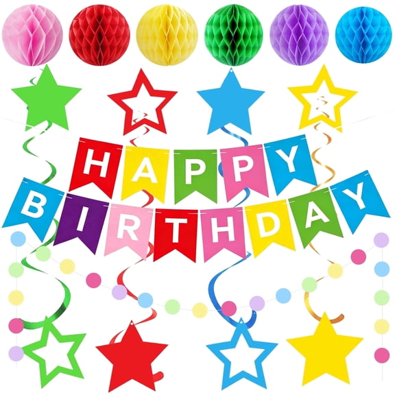 Tripumer Happy Birthday Banner Set, Colorful Party Decor with Honeycomb Balls, Star Streamers & Dot Garland, All-in-One Supplies for Indoor Outdoor Use