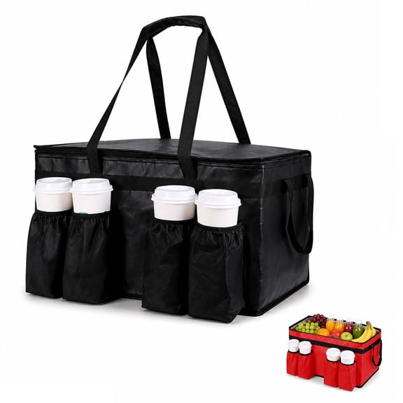 Tripumer Insulated Food Cooler Bag with 4 Cup Holders, 77l Leak-Proof Catering Bag, Reusable for Food/Grocery Delivery and Daily Use, Black