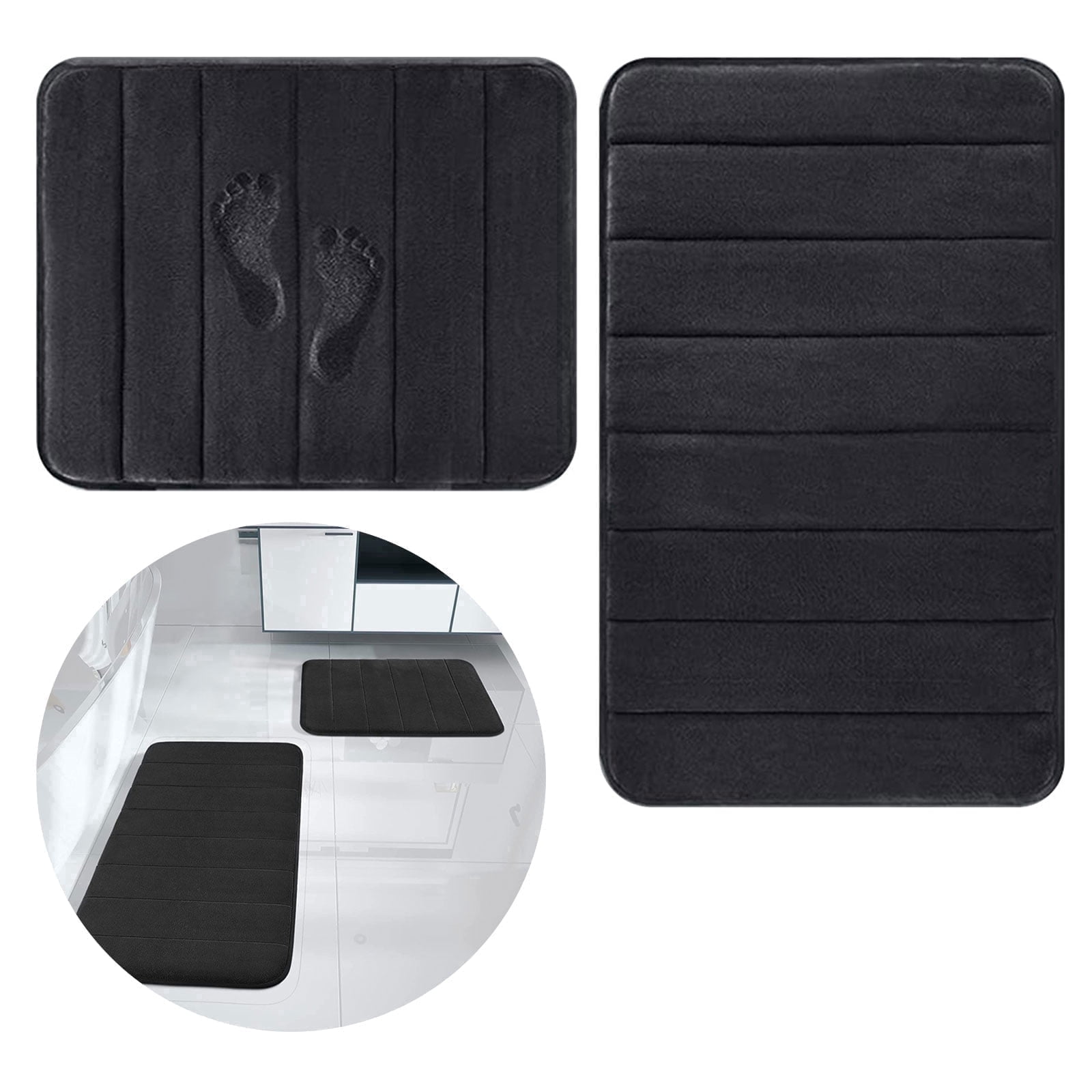 Hengbo Memory Foam Bathroom Mat Set Bathroom Rug Set 2 Piece Non Slip Extra Absorbent Thick Soft Dry Bathroom Mat Sets for Bathroom Washable Carpets Set 15.7x23.6+19.7x31.5 inches Black
