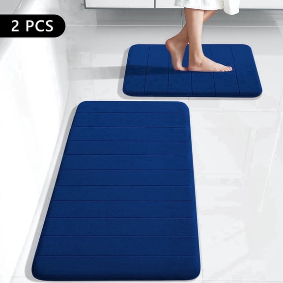Tripumer Memory Foam Bathroom Rug Set 2 Piece 16 x 24 and 20 x 32 inch Bathroom Mats and Rugs Sets for Washroom Toilet Navy Blue