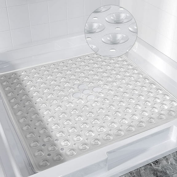 Tripumer Non-Slip Shower Mat 21x 21 inch Square Bath Tub Mats PVC with Drain Hole for Shower Stall Floors Firm Grip Clear