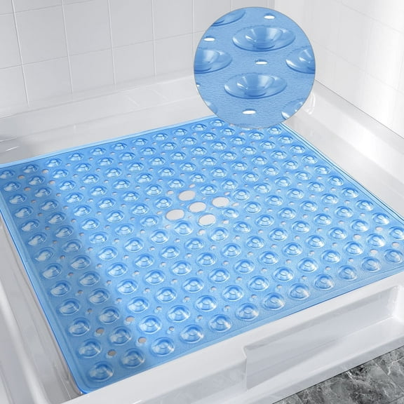 Tripumer Non-Slip Shower Mat 21 x 21 inch Square Bathroom Tub Mats Stall Mat for Shower Stall Floors Firm Grip Bathroom Mat Anti Slip Shower Mat with Suction Cups and Drain Hole Clear Blue