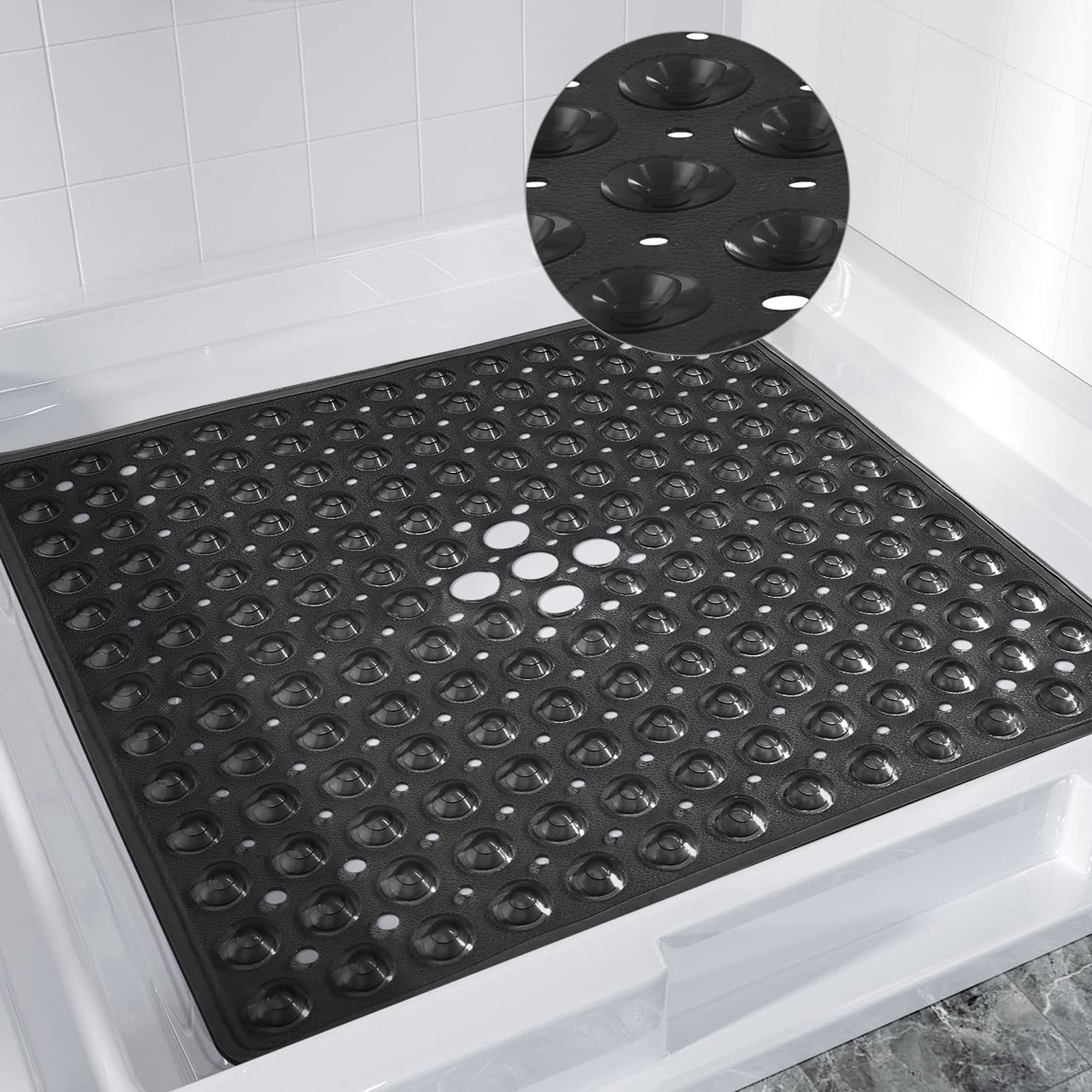 Black PVC Square Non-Slip Shower Mat with Suction Cups
