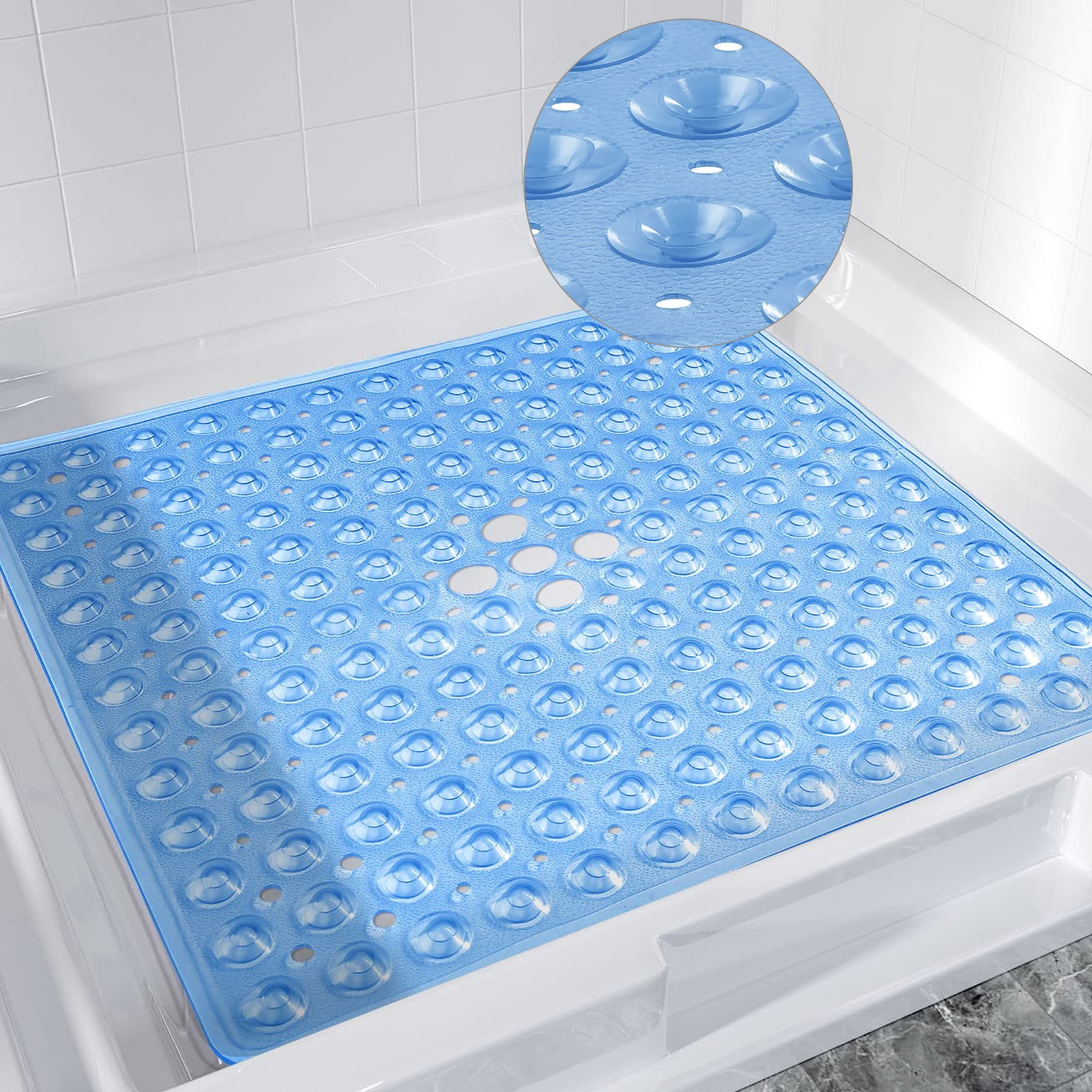 Tripumer Large Non-Slip Bath Tub Plastic Mat, 21x21 inch, Clear Blue with Suction Cups and Drain ...