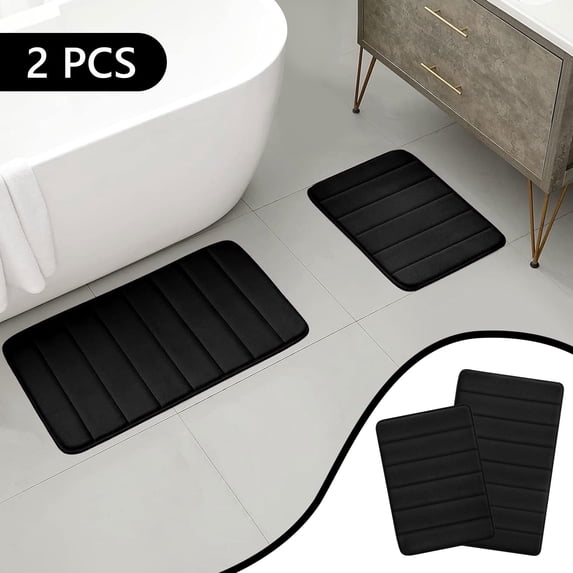 Tripumer Set of 2 Comfort Memory Foam Mat Bathroom Rug Set 16 x 24 inch and 20 x 32 inch Shaggy Bathroom Mats and Rugs Set Black