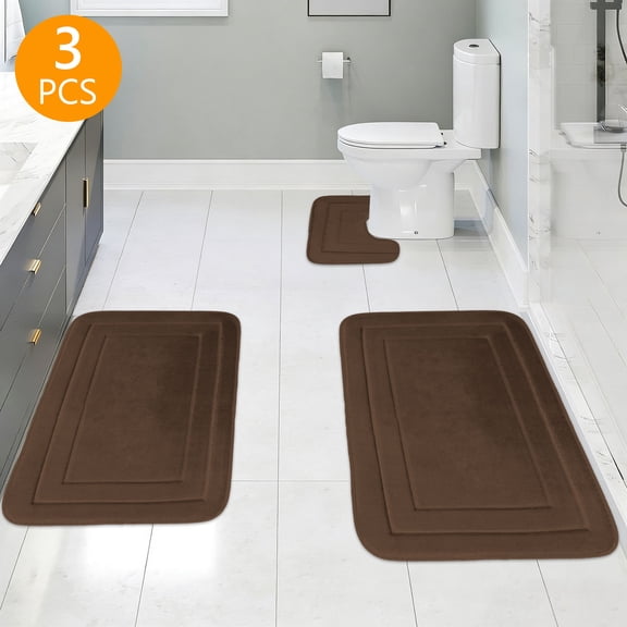 Tripumer Sets 3 Pieces Bathroom Mats Set Non Slip Memory Foam Bath Mats for Bathroom Shower Brown