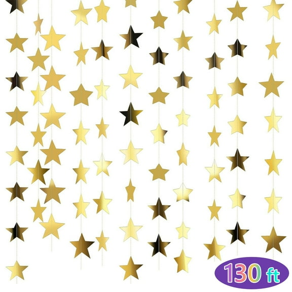 Tripumer Shimmering Gold Star Banner Decorations 130ft Double-Sided Star-Shaped Ribbon Perfect for Birthday Parties, Weddings, And Graduation Celebrations