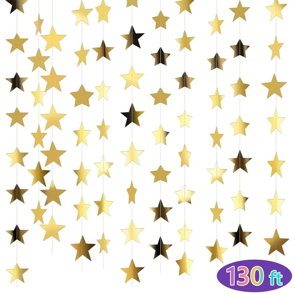 Tripumer  Shimmering Gold Star Banner Decorations 130ft Double-Sided Star-Shaped Ribbon Perfect for Birthday Parties, Weddings, And Graduation Celebrations