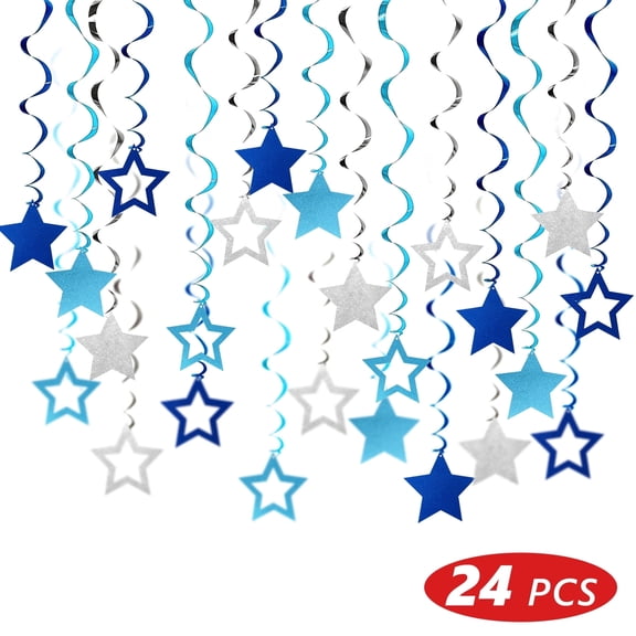 Tripumer Silver Blue Star Swirl Hanging Decorations Plastic Streamers for Birthday Parties, Graduations, Christenings, Anniversaries, And Weddings—24pack