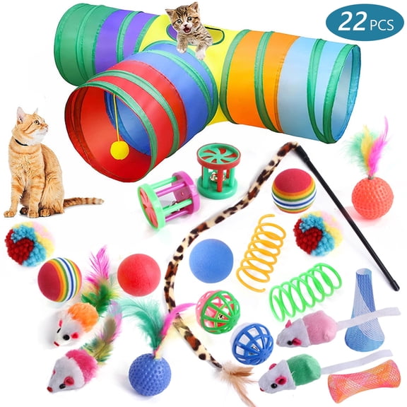Hengbo T-Type Cat Tunnel Tube 22PCS Pet Toy Set Tunnel Type Interactive Cat Toy Three-Way Tube Cat Tunnel Cat Teaser Suitable for Cats, Puppies, Kitty, Kittens, Rabbits - Colorful