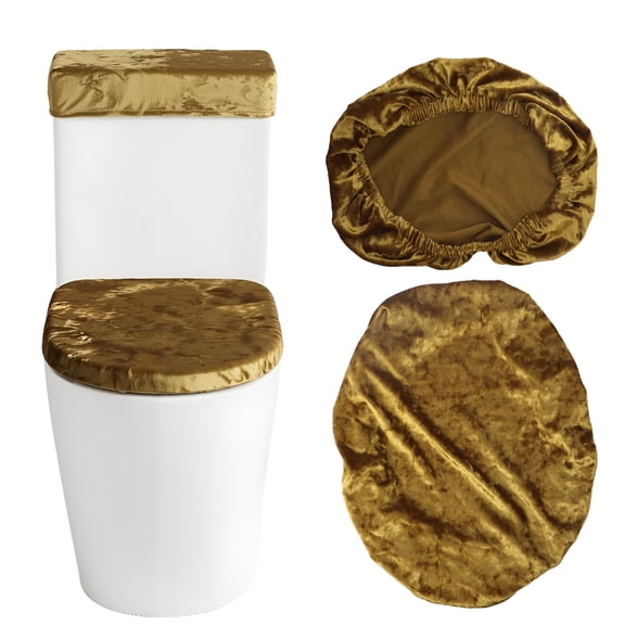 Tripumer Toilet Lid Cover and Toilet Tank Cover Stretch Velvet Toilet Covers Set for Bathroom Decor Gold