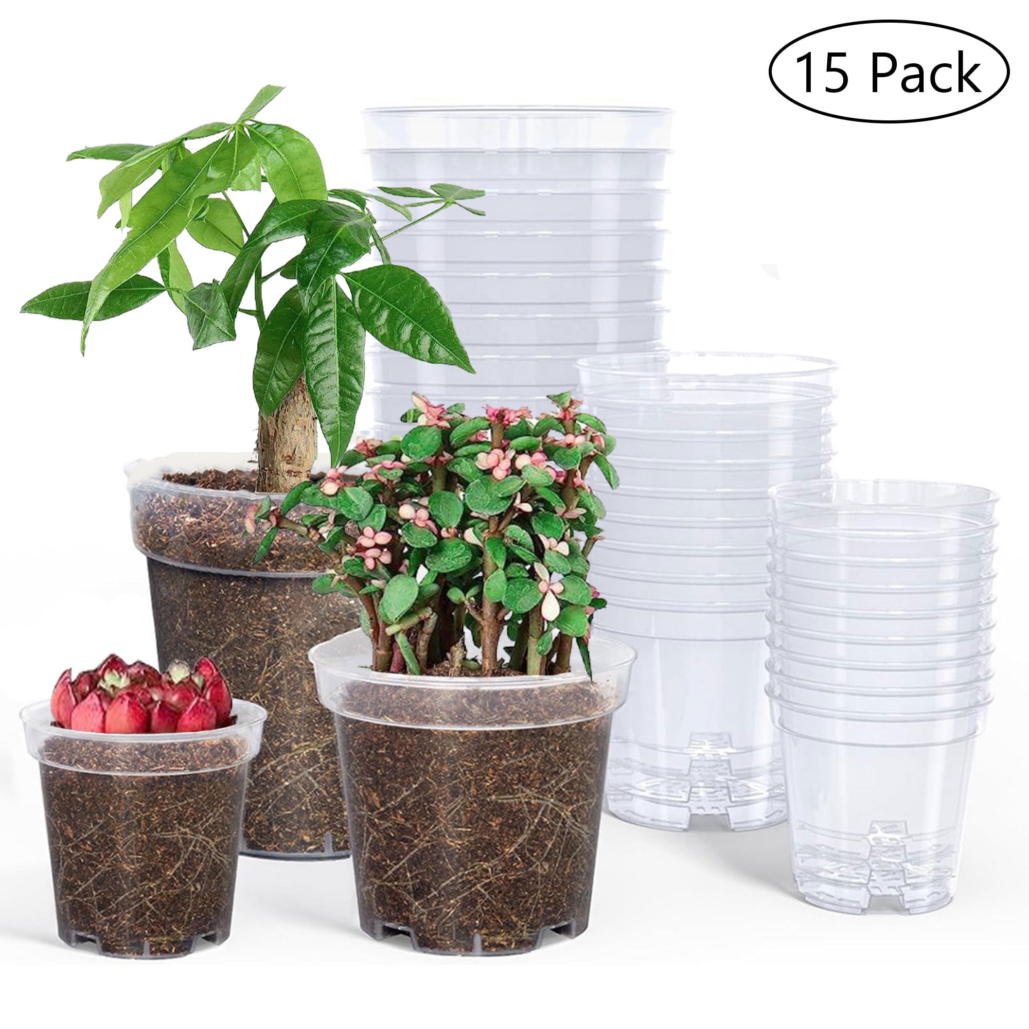 Semfri Transparent Seedling Pots 3/4/5in Plastic Planters with Drainage Holes High Clarity for Indoor/Outdoor Use 15-Pack