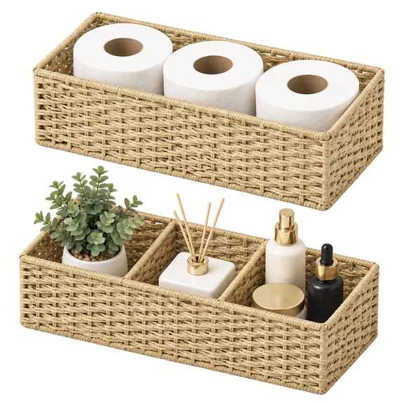 Tripumer 2 Pack Paper Rope Woven Storage Basket, 3 Compartments Stackable Divided Organizer Bin for Bathroom Vanity Countertop Shelf, Natural