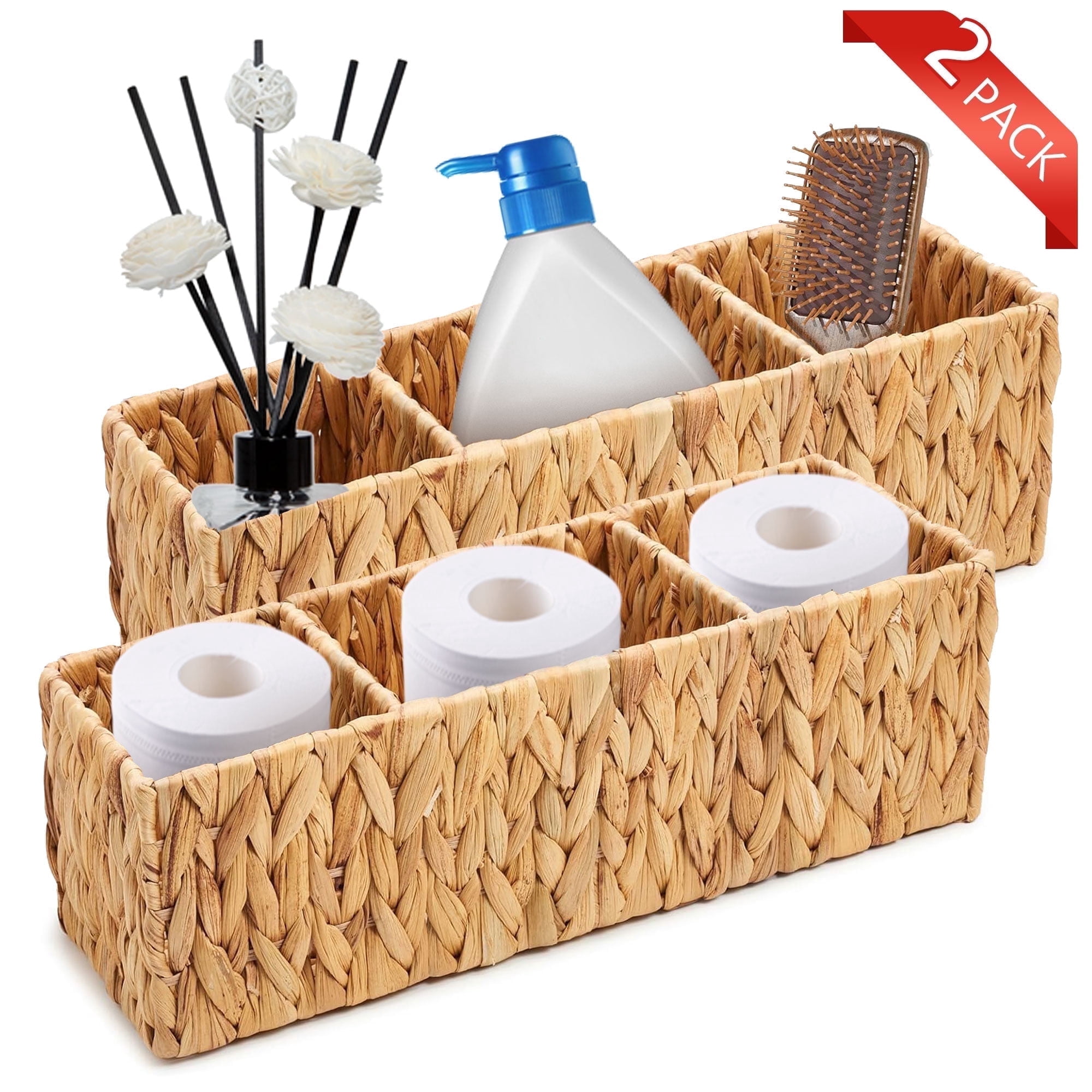Hengbo 2Pack 3-Compartment Water Hyacinth Hand-Woven Wicker Baskets Home/Toilet Tank Top Storage