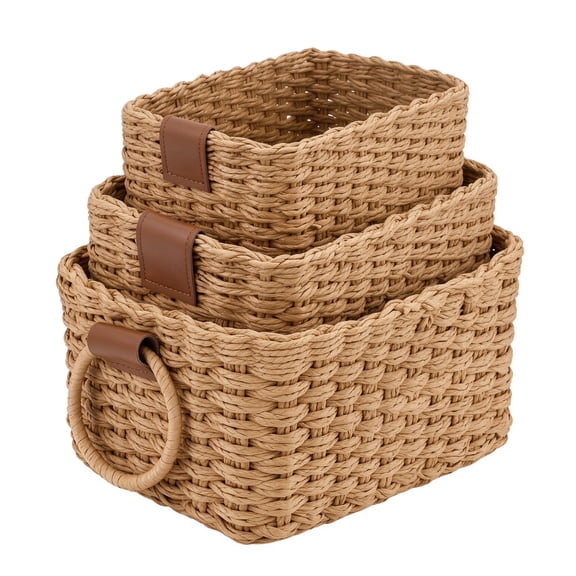 Tripumer Wicker Storage Baskets with Handles, Khaki Set of 3, Small Nesting Organizer Bins for Desktop Countertop