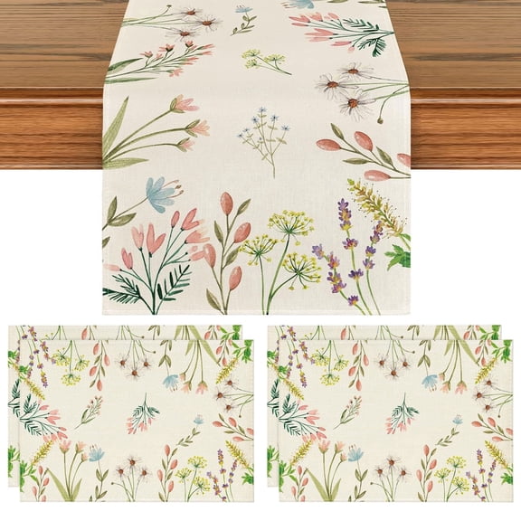 Hengbo Table Runners and Placemats 5 Piece Set Linen Texture Floral Wildflower Kitchen Dining Decor