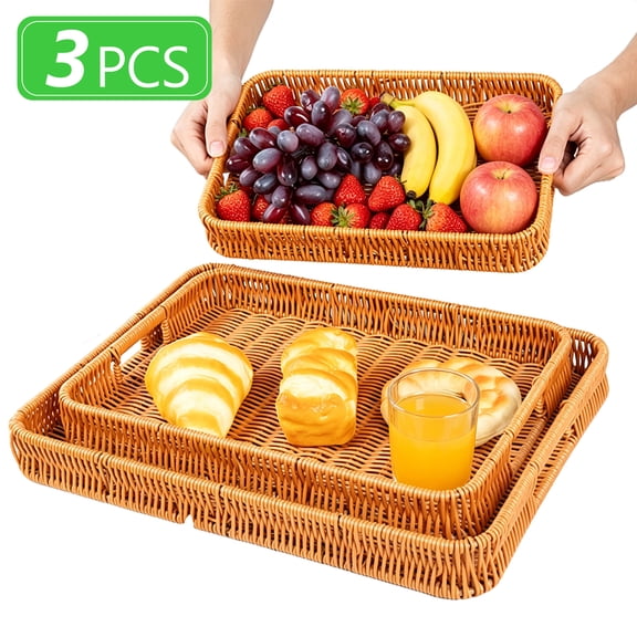 Tripumer Woven Bread Tray with Handle, Rectangular Storage Basket for Kitchen, Fruit, Vegetables, Snacks-Beige
