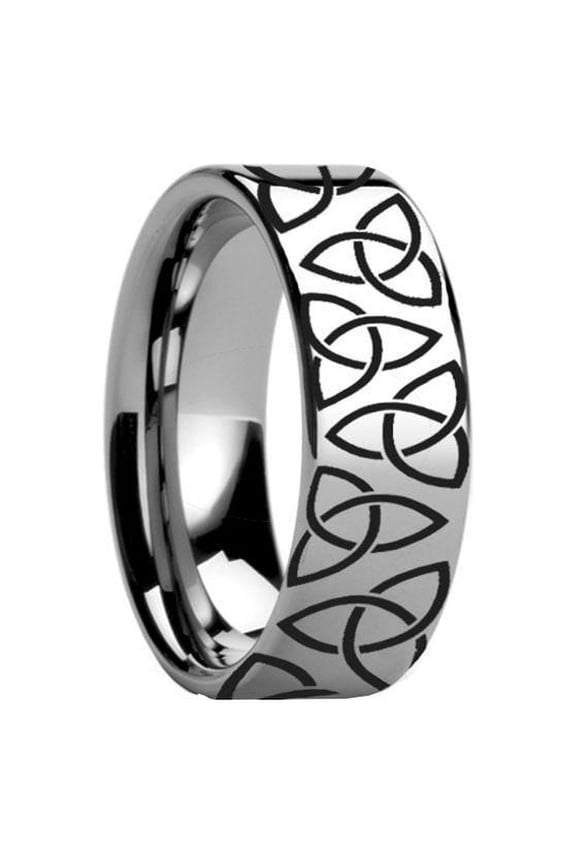 Triquetra Celtic Trinity Ring Engraved Flat Tungsten Ring Polished - 4mm - 12mm