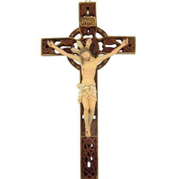 Triquetra Trinity Knot Design 10" Resin Hanging Crucifix Irish Celtic Wall Cross