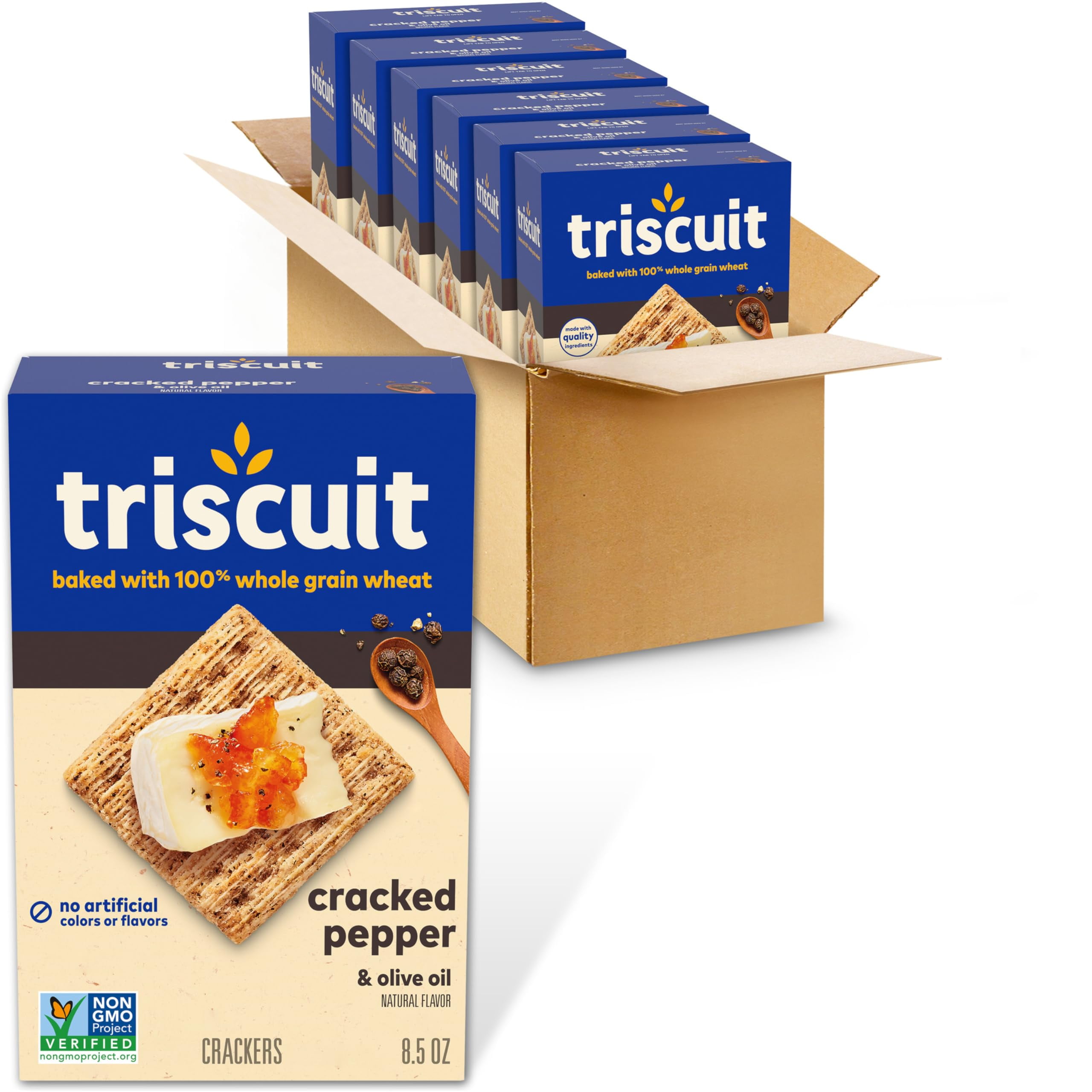 Triscuit Cracked Pepper & RRF12 Olive Oil Whole Grain Wheat Crackers, Lunch Snacks, Bulk Snack Crackers, 6 - 8.5 oz Boxes