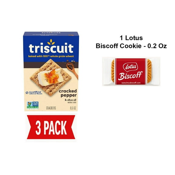 Triscuit Cracked Pepper & Olive Oil Whole Grain Wheat Crackers, Lunch Snacks, Snack Crackers, 8.5 Oz - Pack Of 3 & Lotus Biscoff Cookie - 0.2 Oz - 1 ct