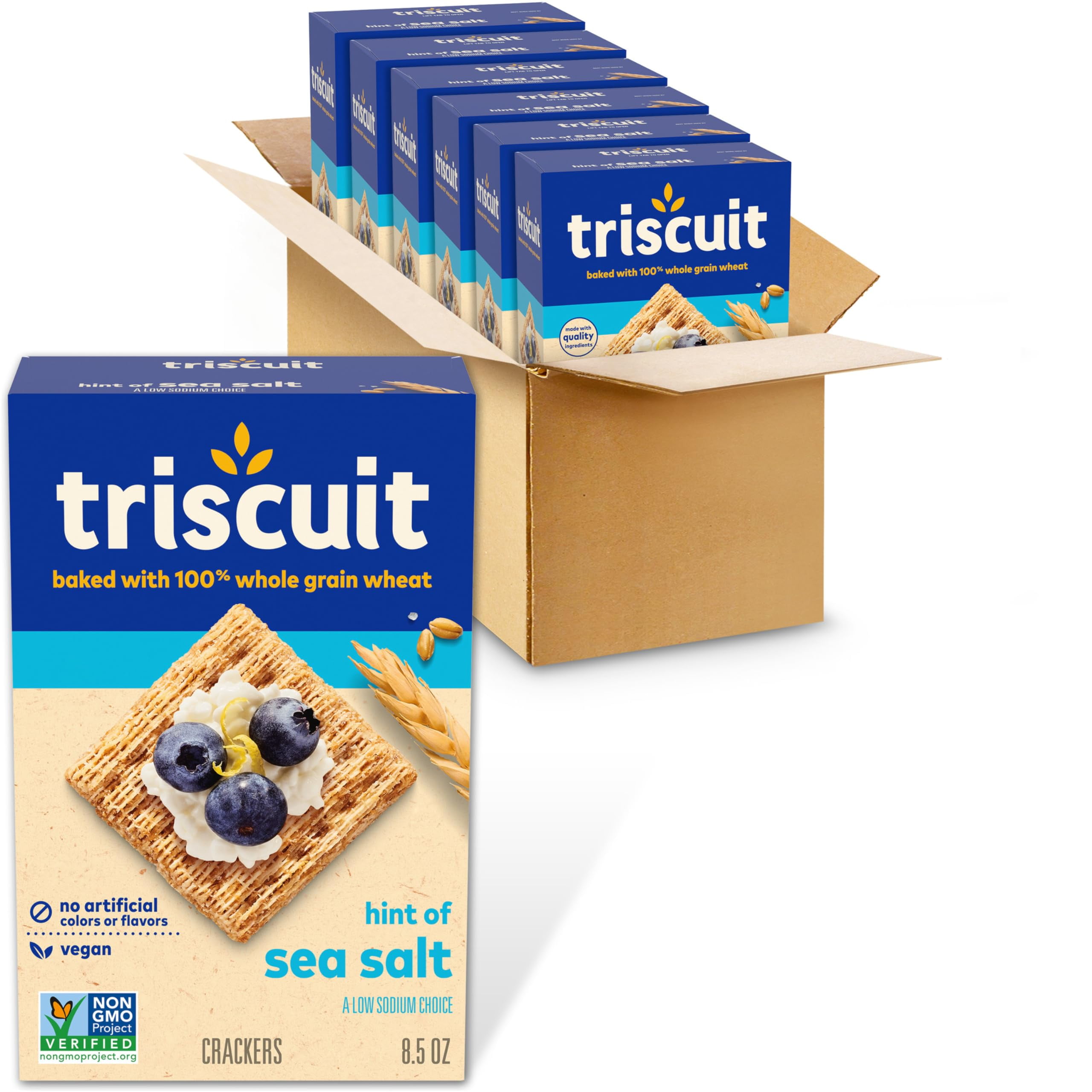 Triscuit Hint of Sea Salt ;Whole Grain Wheat Crackers, Vegan Crackers, Vegan Snacks, Bulk Snacks, 6 - 8.5 oz Boxes