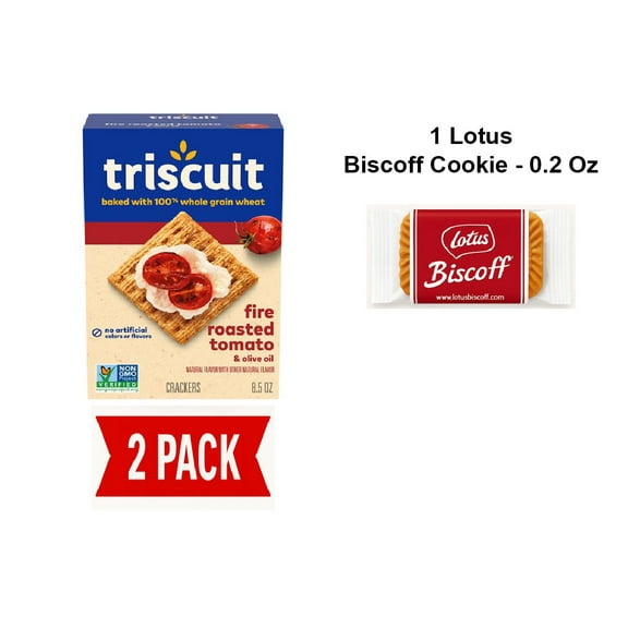 Triscuit Fire Roasted Tomato & Olive Oil Whole Grain Wheat Crackers, Lunch Snacks, Snack Crackers, 8.5 Oz - Pack Of 2 & Lotus Biscoff Cookie - 0.2 Oz - 1 ct
