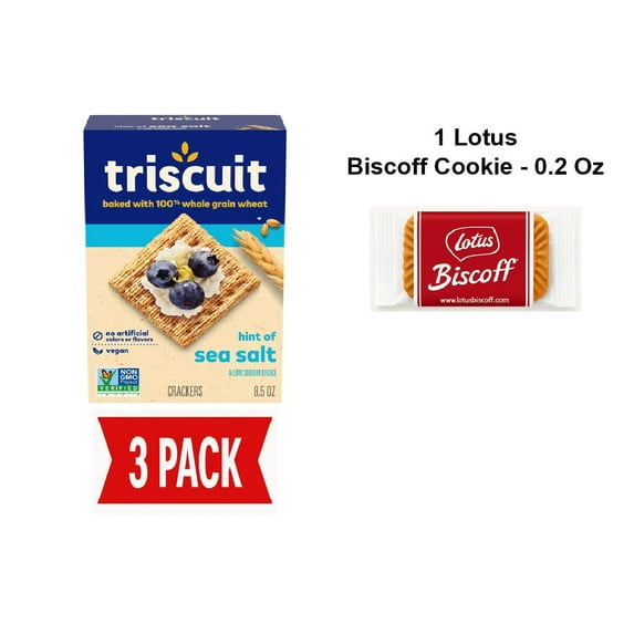 Triscuit Hint Of Sea Salt Whole Grain Wheat Crackers, Vegan Crackers, Vegan Snacks, Lunch Snacks, 8.5 Oz - Pack Of 3 & Lotus Biscoff Cookie - 0.2 Oz - 1 ct