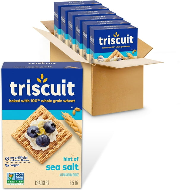 Triscuit Hint of Sea MZF22 Salt Whole Grain Wheat Crackers, Vegan Crackers, Vegan Snacks, Bulk Snacks, 6 - 8.5 oz Boxes