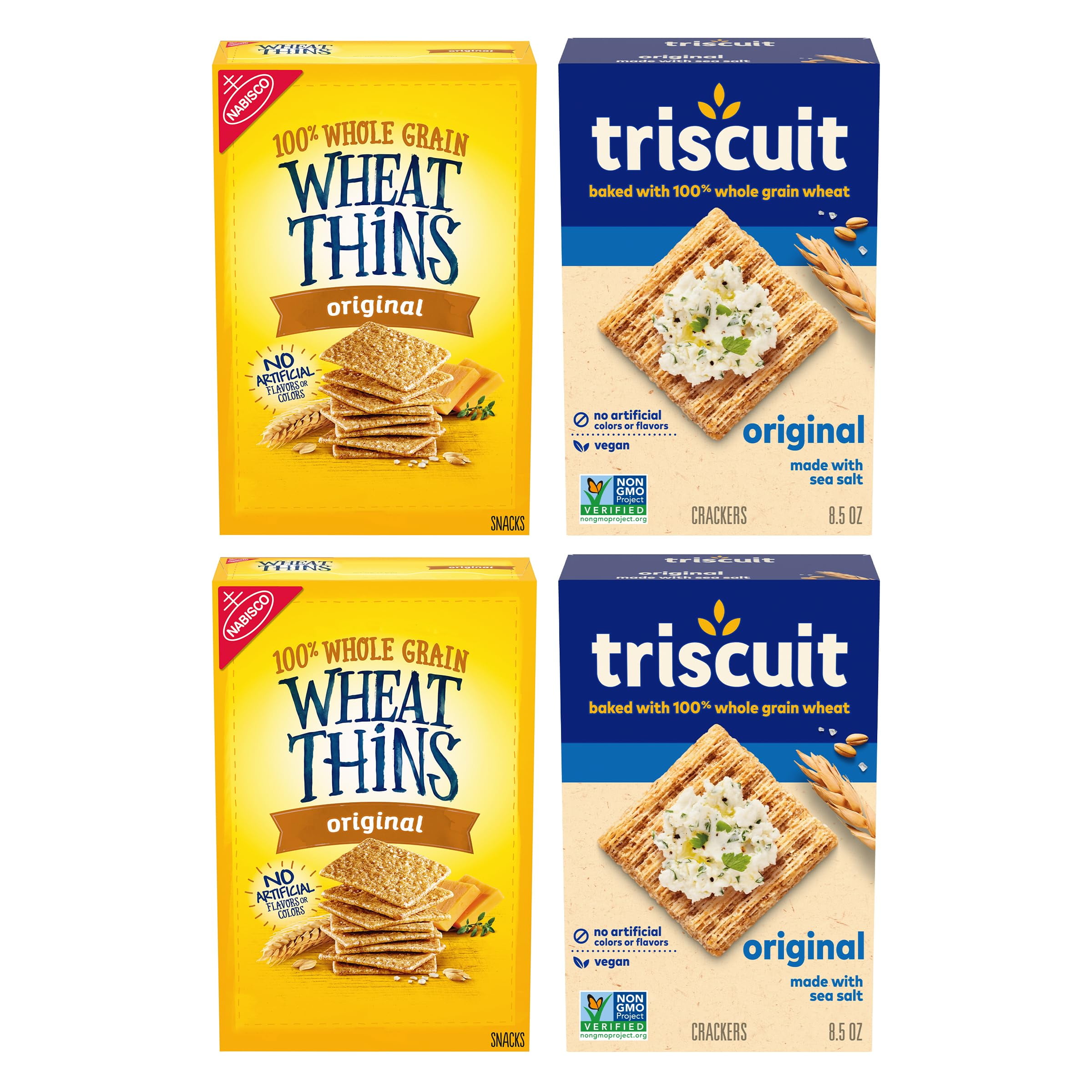 Triscuit Original Whole Grain Wheat Vegan Crackers and Wheat Thins Original Whole Grain Wheat Crackers Variety Pack, 4 Boxes Yu5 Yu5