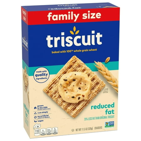 Triscuit Reduced Fat Whole Grain Wheat Crackers, Vegan Crackers, Family Size, 11.5 oz (Pack of 6)