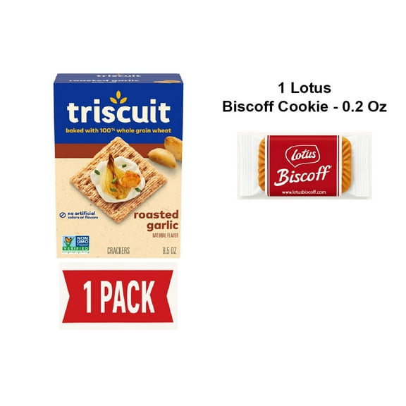 Triscuit Roasted Garlic Whole Grain Wheat Crackers, Lunch Snacks, Snack Crackers, 8.5 Oz - Pack Of 1 & Lotus Biscoff Cookie - 0.2 Oz - 1 ct