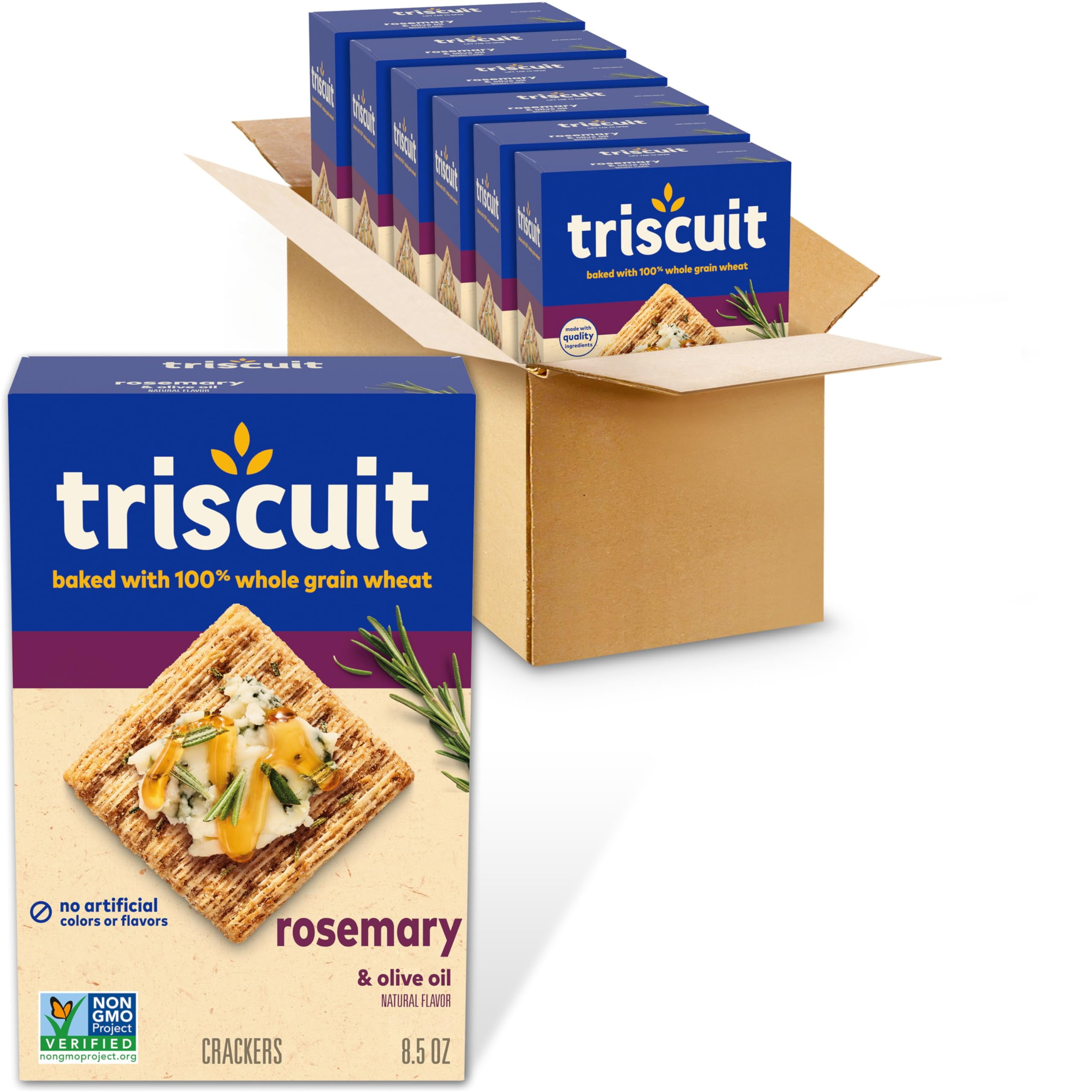 Triscuit Rosemary & Olive TGF4&nbsp;Oil Whole Grain Wheat Crackers, Lunch Snacks, Bulk Snack Crackers, 6 - 8.5 oz Boxes