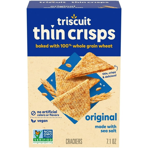 Triscuit Thin Crisps Original Whole Grain Wheat Crackers, Vegan Crackers, 7.1 oz (Pack of 8)