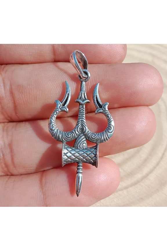 Trishul Damru Symbol of Lord Shiva Pendant Solid 925 Sterling Silver Handmade Religious Jewelry