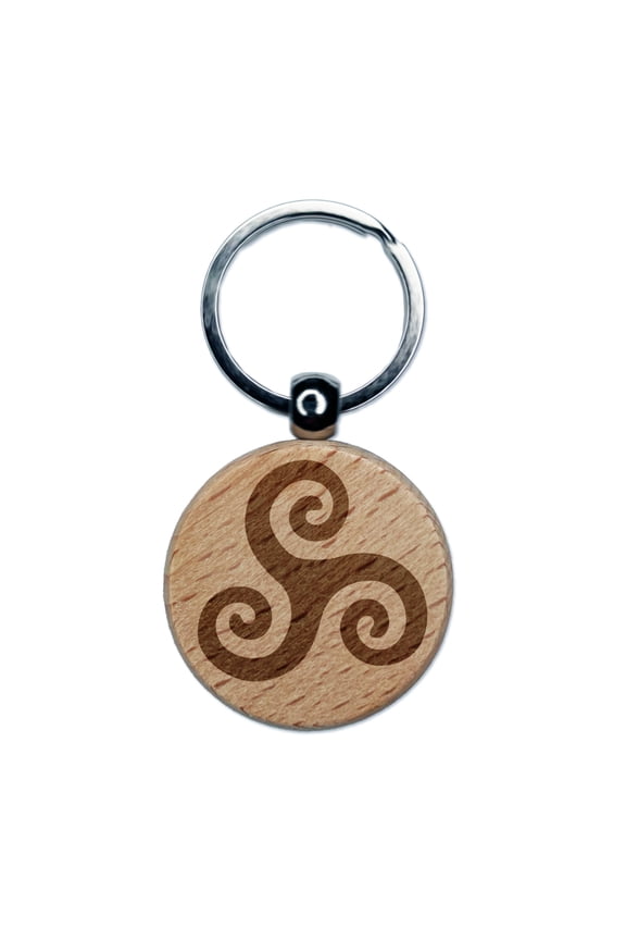 Triskele Triskelion Triple Spiral Celtic Symbol Round Keychain Charm Tag - Engraved Wood
