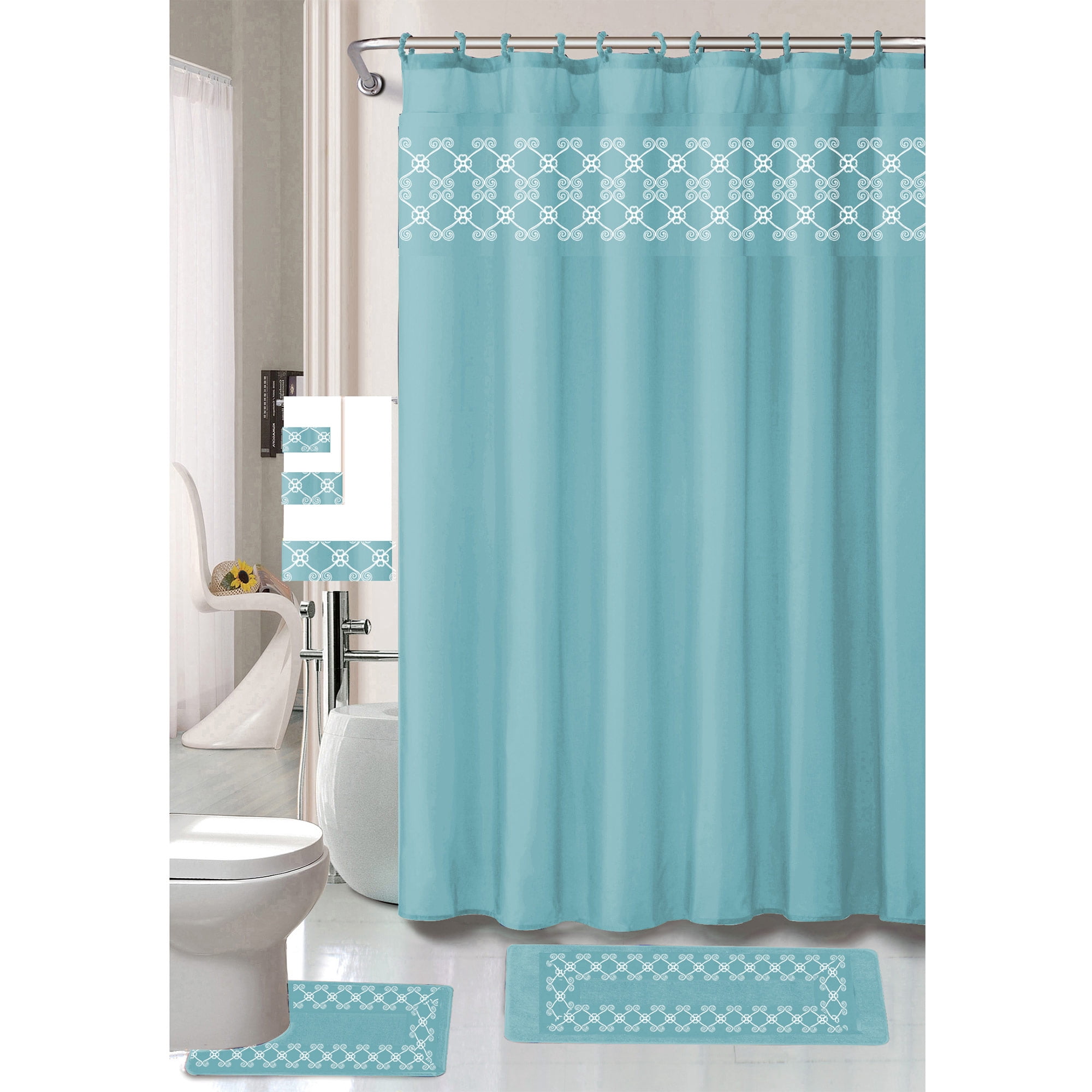 Tristan 18 Piece Shower Curtain with Embroidered Non-Slip Bath Rug and ...