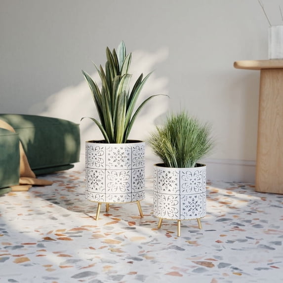 Tristan White Planter Pot With Nyra Gold Metal Planter Base - (Small & Medium Set)