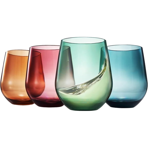 Tritan BPA-Free Plastic Shatterproof Stemless Wine Glasses, - 4 Set Acrylic Glass Drinkware, Unbreakable Colored, Reusable, Dishwasher Safe, All Purpose Glassware 15oz Tumblers, Indoor and Outdoor