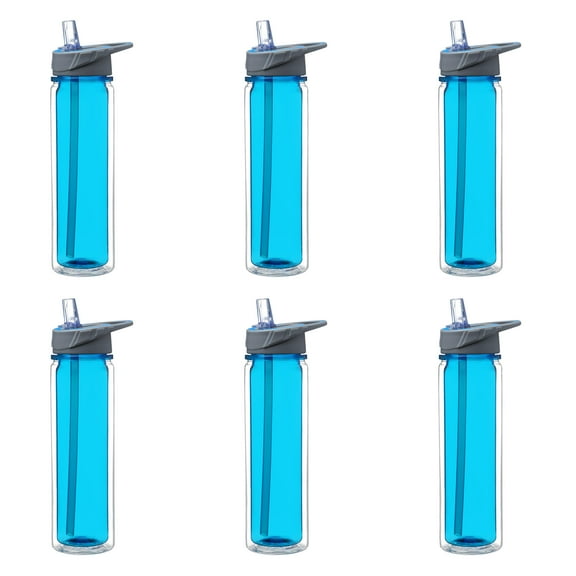 Tritan Sports Bottles with Straw 19 oz. Set of 6, Bulk Pack - Great for Gym, Hiking, Cycling, Camping, Backpacking, School - Blue