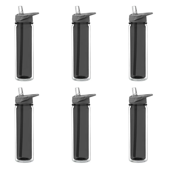 Tritan Sports Bottles with Straw 19 oz. Set of 6, Bulk Pack - Great for Gym, Hiking, Cycling, Camping, Backpacking, School - Charcoal