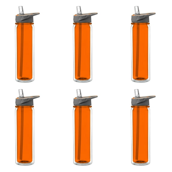 Tritan Sports Bottles with Straw 19 oz. Set of 6, Bulk Pack - Great for Gym, Hiking, Cycling, Camping, Backpacking, School - Orange